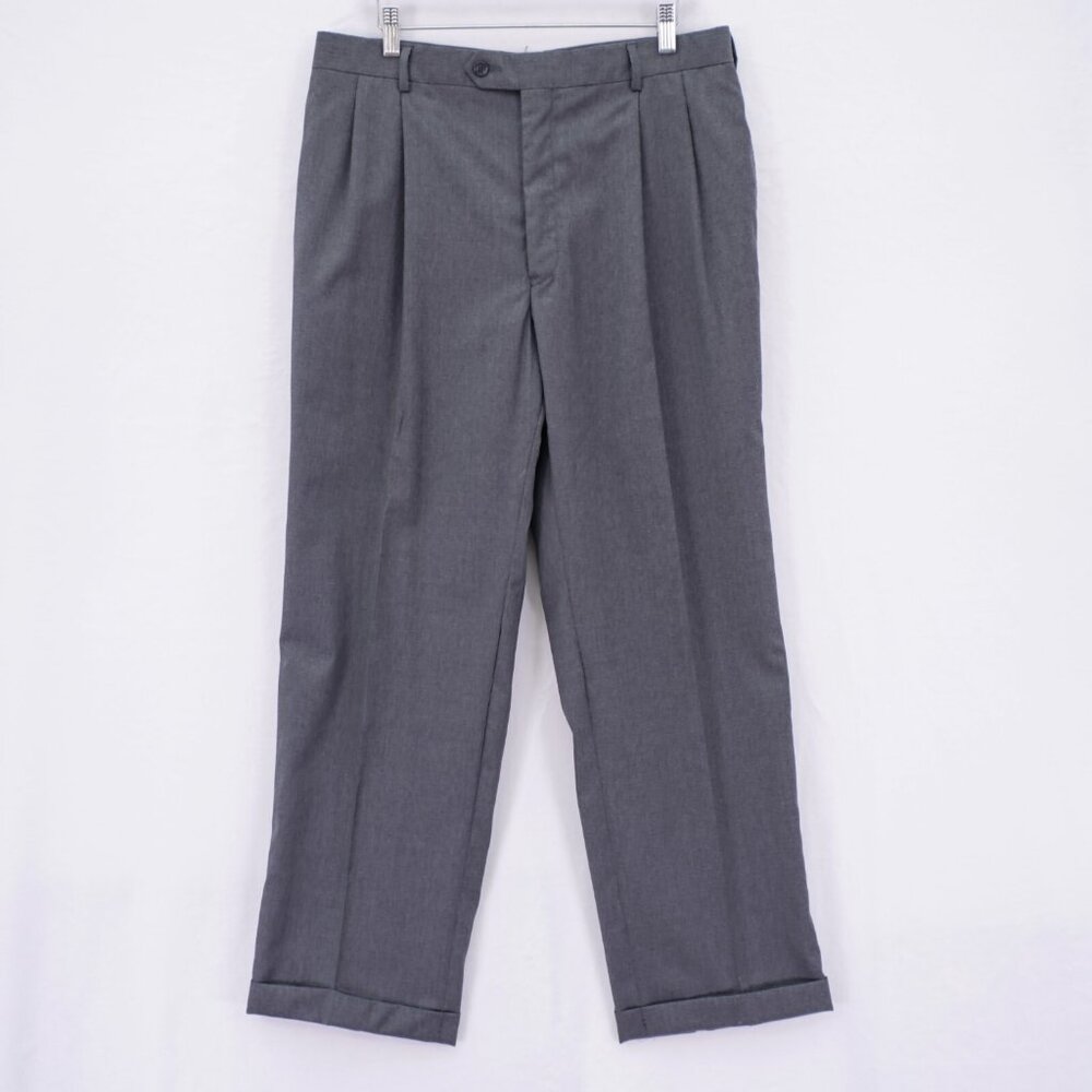 Jos A Bank Signature Gray Wool Pleated Cuffed Dress Pants Trousers 34 /29 High R